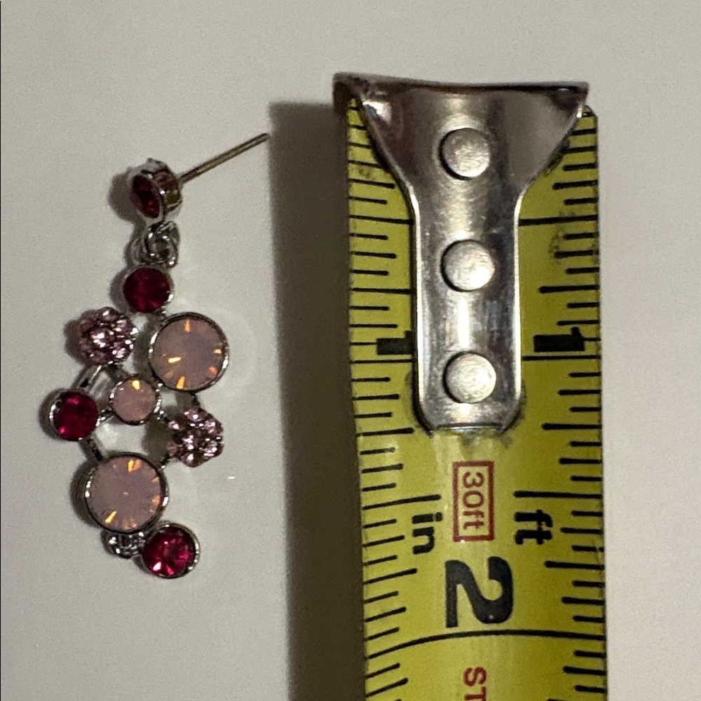 VINTAGE FAUX RUBY AND FAUX OPAL STONES AND CLUSTERED CRYSTAL POST 1.8" EARRINGS - Picture 6 of 7